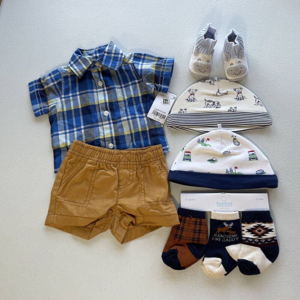 Lot of 6 Baby Boys NB Button Up Shirt, Shorts, Knitted Booties, Socks, Hats.